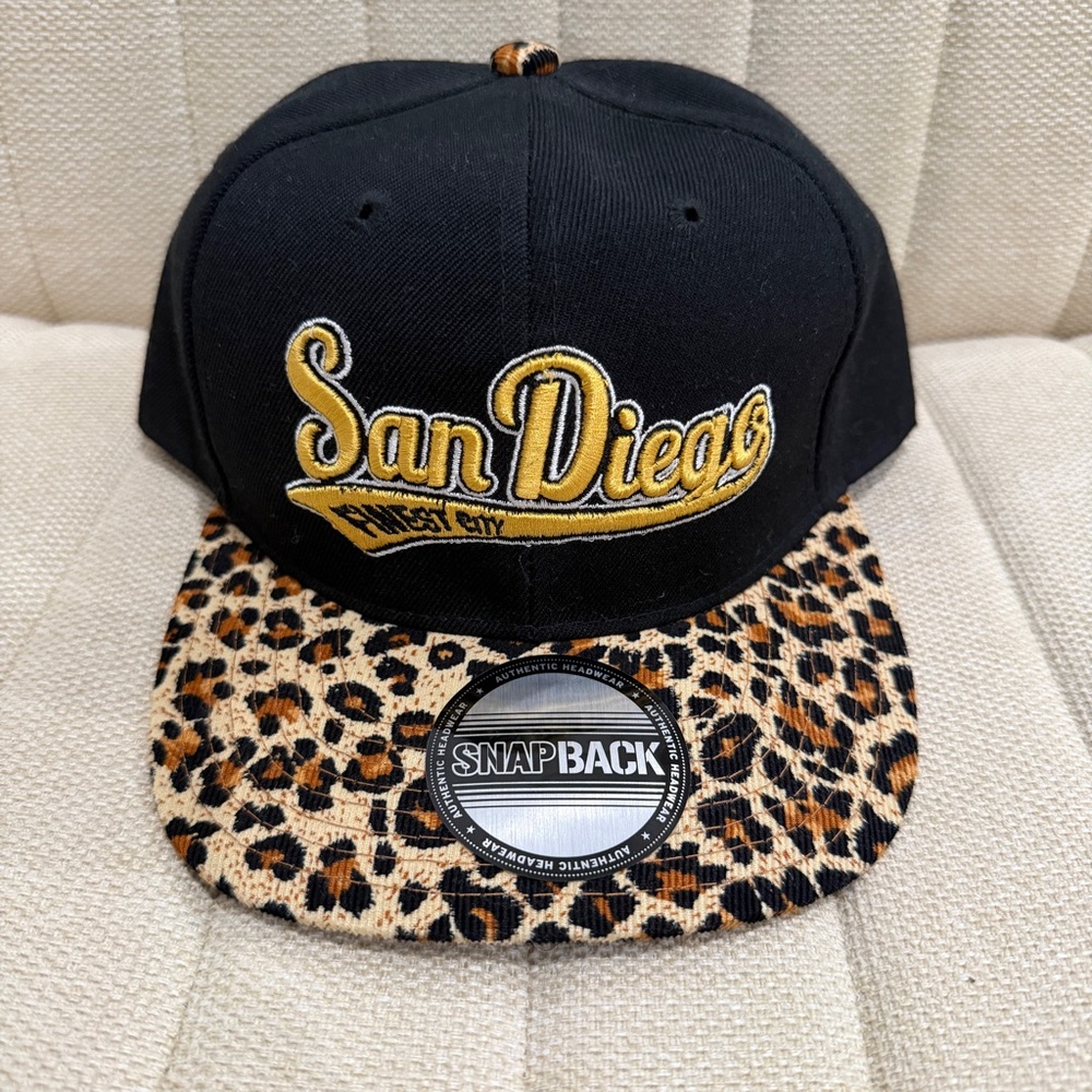 NEW San Diego Finest‎ City Snapback Hat Black Gold Leopard Print Flat Bill Cap